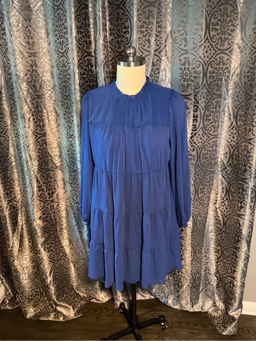 Royal Blue Tiered Long Sleeve Dress: Sheer sleeves but lined bodice, tie neck